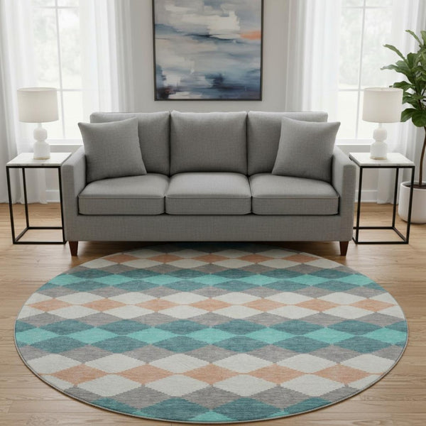 HomeRoots 8' Teal Coral Geometric Round Rug - Washable, UV Protected, Durable, Perfect for High Traffic Areas 679087