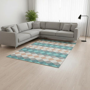 HomeRoots 8' X 10' Teal Coral Ivory Geometric Area Rug - Durable, Washable & UV Protected for Busy Homes 679088
