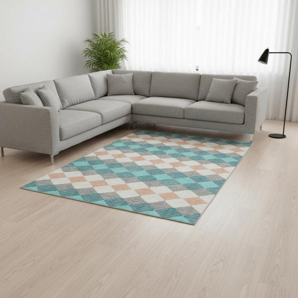 HomeRoots 8' X 10' Teal Coral Ivory Geometric Area Rug - Durable, Washable & UV Protected for Busy Homes 679088