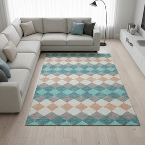 HomeRoots 9' X 12' Teal Coral Ivory Geometric Area Rug - Washable, UV-Protected, Durable & Stain-Resistant 679089