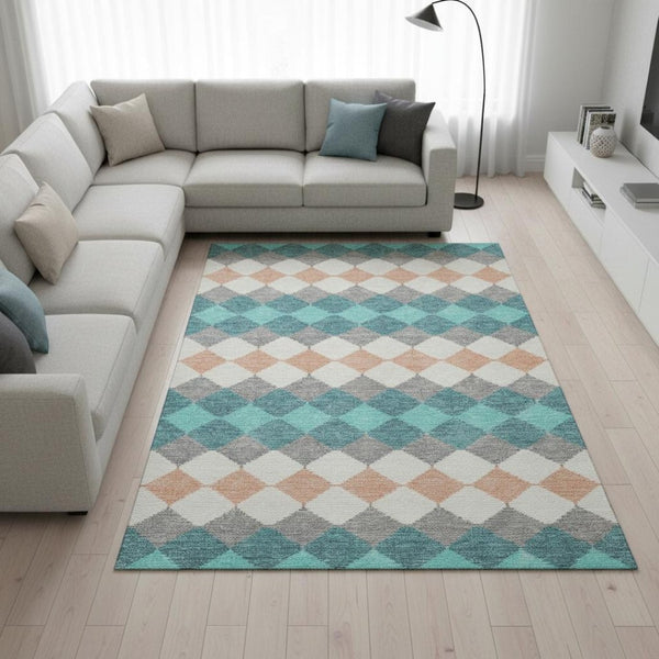 HomeRoots 9' X 12' Teal Coral Ivory Geometric Area Rug - Washable, UV-Protected, Durable & Stain-Resistant 679089