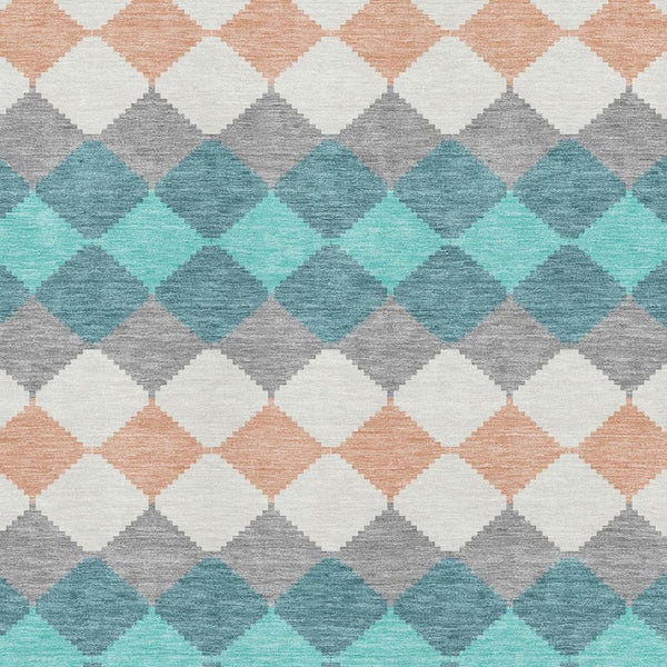 HomeRoots 9' X 12' Teal Coral Ivory Geometric Area Rug - Washable, UV-Protected, Durable & Stain-Resistant 679089