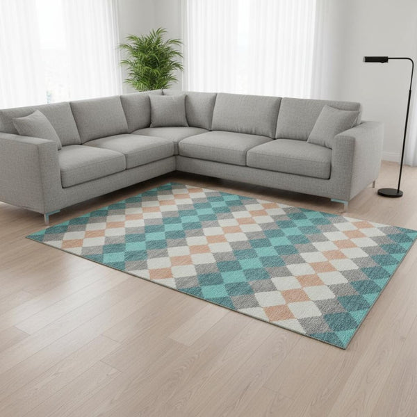 HomeRoots 10' X 14' Teal Coral Ivory Geometric Area Rug - Washable, UV Protected, Stain Resistant for Homes 679090