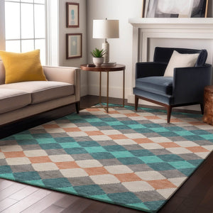 HomeRoots 10' X 14' Teal Coral Ivory Geometric Area Rug - Washable, UV Protected, Stain Resistant for Homes 679090