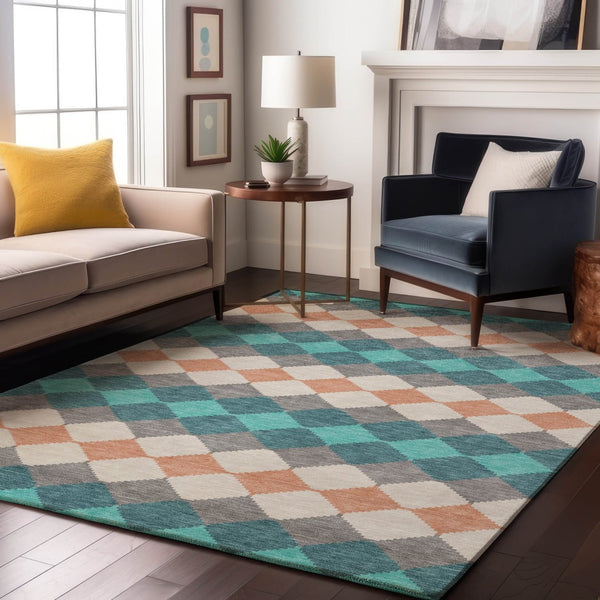 HomeRoots 10' X 14' Teal Coral Ivory Geometric Area Rug - Washable, UV Protected, Stain Resistant for Homes 679090