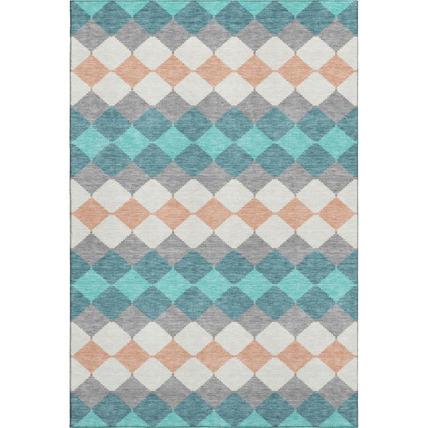 HomeRoots 10' X 14' Teal Coral Ivory Geometric Area Rug - Washable, UV Protected, Stain Resistant for Homes 679090