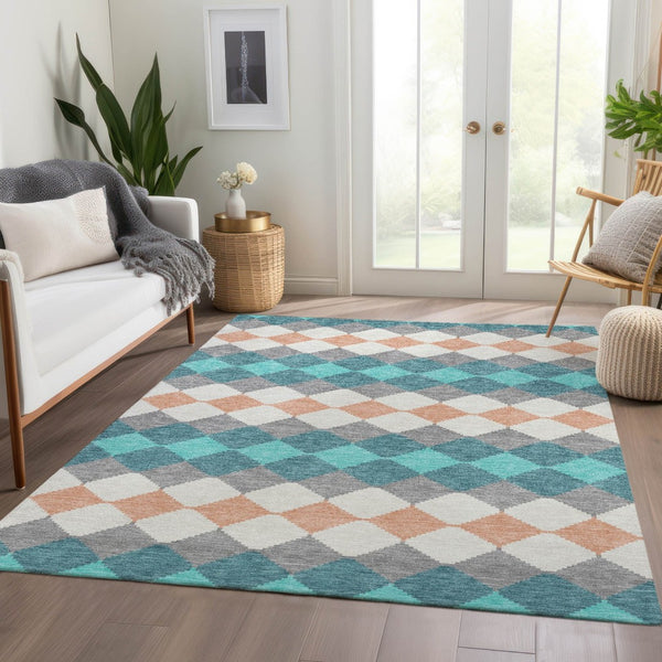 HomeRoots 10' X 14' Teal Coral Ivory Geometric Area Rug - Washable, UV Protected, Stain Resistant for Homes 679090