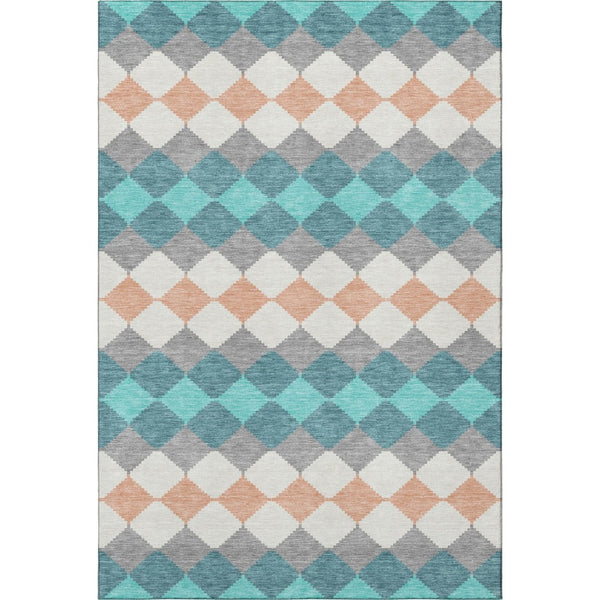 HomeRoots 10' X 14' Teal Coral Ivory Geometric Area Rug - Washable, UV Protected, Stain Resistant for Homes 679090