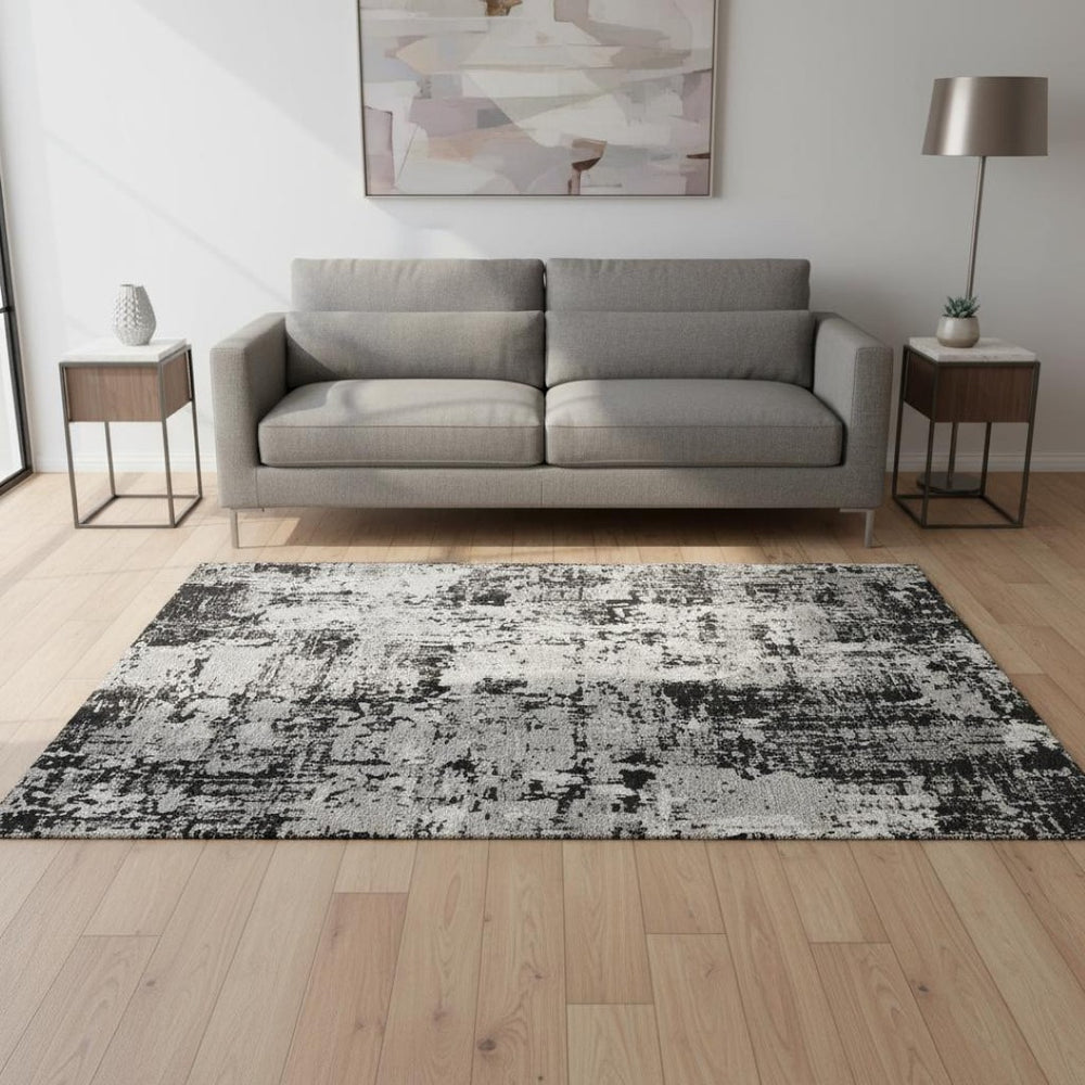 HomeRoots 5' X 8' Black Ivory Gray Abstract Area Rug - Washable, UV-Protected, Stain-Resistant & Durable Decor 679092