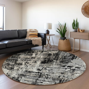 HomeRoots 8' Modern Abstract Washable Round Rug - Black, Ivory & Gray with UV Protection for High Traffic Areas 679093