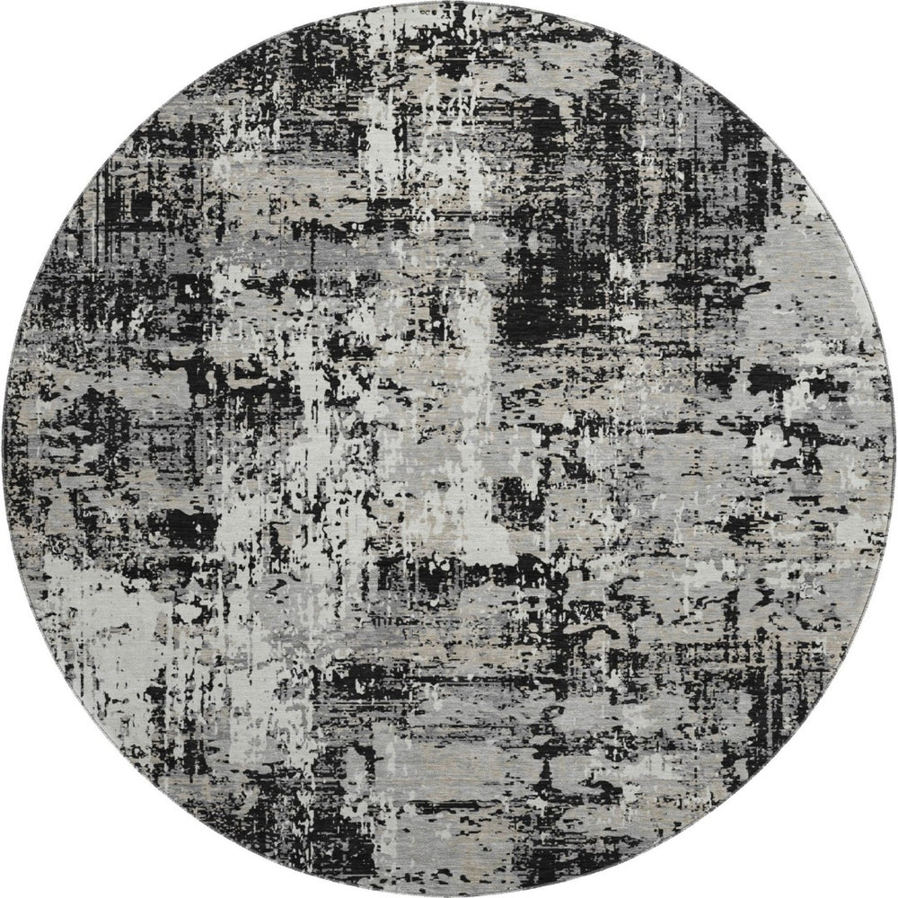 HomeRoots 8' Modern Abstract Washable Round Rug - Black, Ivory & Gray with UV Protection for High Traffic Areas 679093