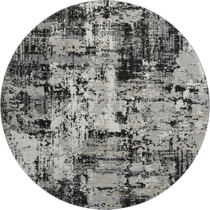 HomeRoots 8' Modern Abstract Washable Round Rug - Black, Ivory & Gray with UV Protection for High Traffic Areas 679093