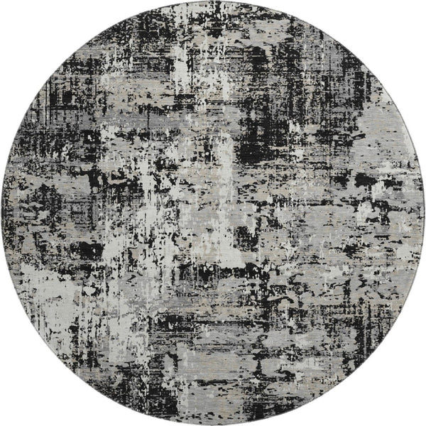 HomeRoots 8' Modern Abstract Washable Round Rug - Black, Ivory & Gray with UV Protection for High Traffic Areas 679093