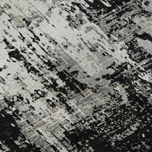 HomeRoots 8' Modern Abstract Washable Round Rug - Black, Ivory & Gray with UV Protection for High Traffic Areas 679093