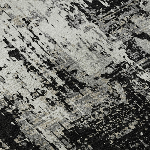 HomeRoots 8' Modern Abstract Washable Round Rug - Black, Ivory & Gray with UV Protection for High Traffic Areas 679093