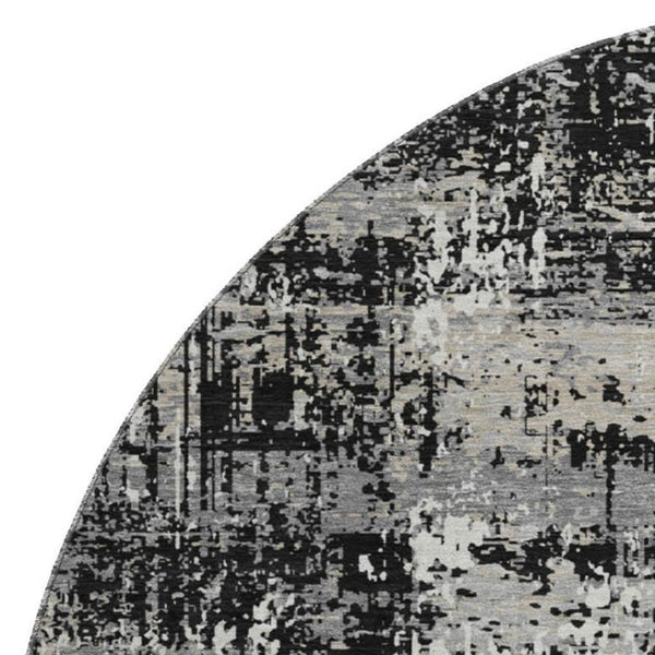 HomeRoots 8' Modern Abstract Washable Round Rug - Black, Ivory & Gray with UV Protection for High Traffic Areas 679093