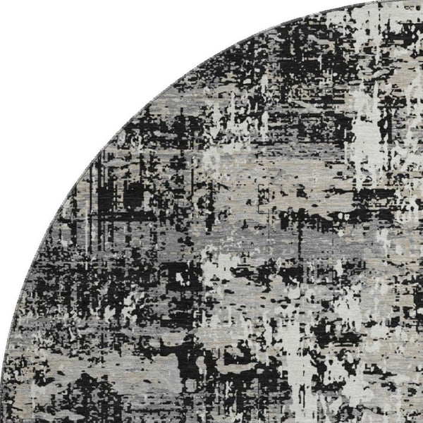 HomeRoots 8' Modern Abstract Washable Round Rug - Black, Ivory & Gray with UV Protection for High Traffic Areas 679093