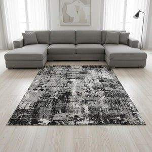 HomeRoots 8' X 10' Washable Abstract Area Rug in Black, Ivory & Gray with UV Protection for Modern Homes 679094