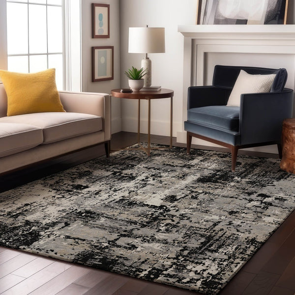 HomeRoots 8' X 10' Washable Abstract Area Rug in Black, Ivory & Gray with UV Protection for Modern Homes 679094