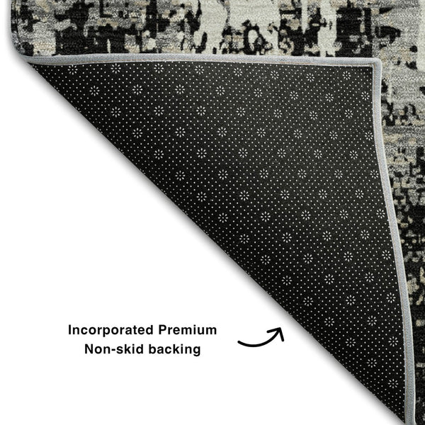 HomeRoots 8' X 10' Washable Abstract Area Rug in Black, Ivory & Gray with UV Protection for Modern Homes 679094
