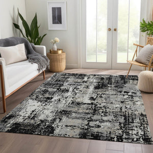HomeRoots 8' X 10' Washable Abstract Area Rug in Black, Ivory & Gray with UV Protection for Modern Homes 679094