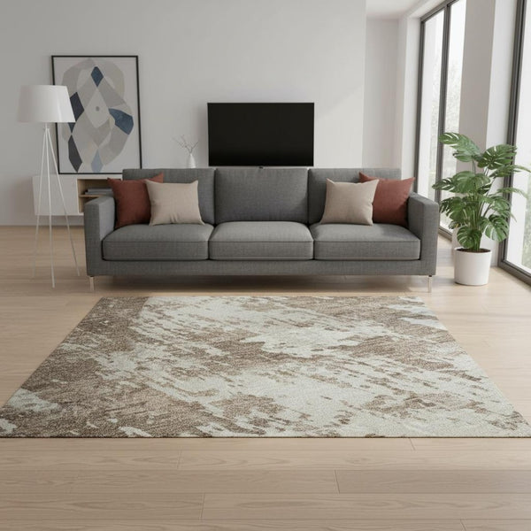 HomeRoots 5' X 8' Brown and Beige Abstract Washable Area Rug with UV Protection for Modern Living Spaces 679098