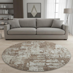 HomeRoots 8' Durable Brown and Beige Abstract Round Rug - Washable, UV Protected, Stain Resistant Design! 679099