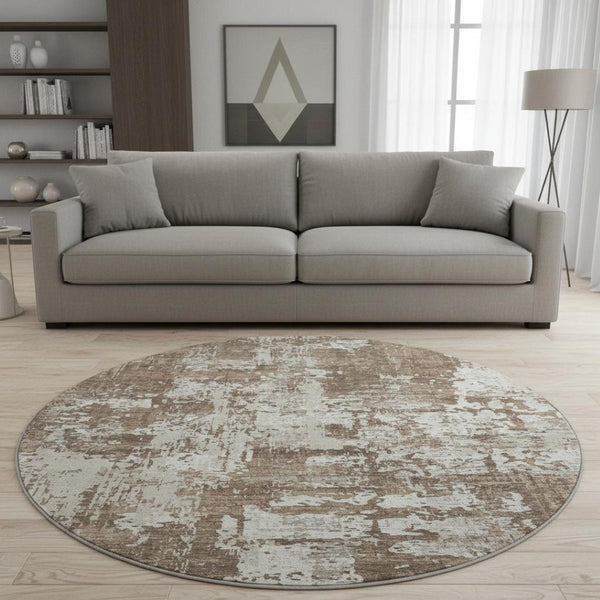 HomeRoots 8' Durable Brown and Beige Abstract Round Rug - Washable, UV Protected, Stain Resistant Design! 679099