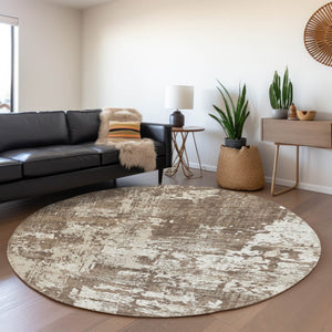 HomeRoots 8' Durable Brown and Beige Abstract Round Rug - Washable, UV Protected, Stain Resistant Design! 679099