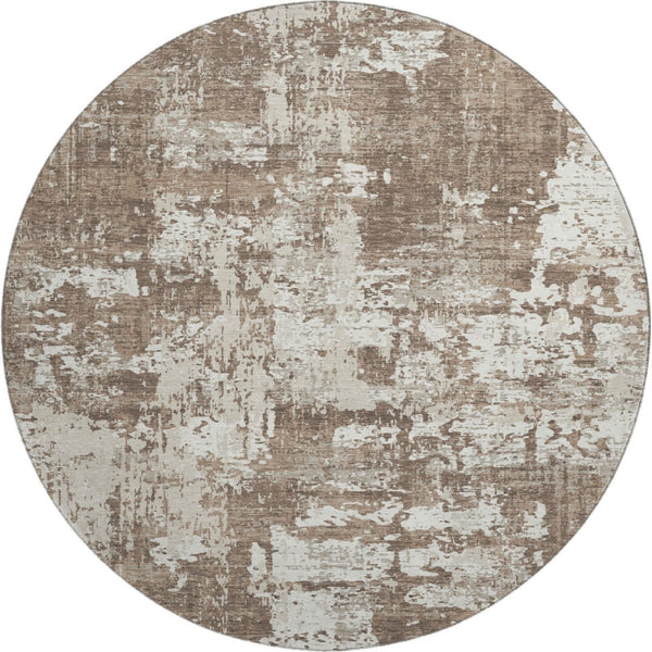 HomeRoots 8' Durable Brown and Beige Abstract Round Rug - Washable, UV Protected, Stain Resistant Design! 679099