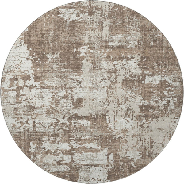 HomeRoots 8' Durable Brown and Beige Abstract Round Rug - Washable, UV Protected, Stain Resistant Design! 679099