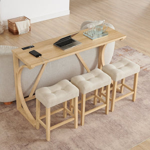 English Elm 59 Inch Bar Table Set with Power Outlet Rubberwood Frame and 3 Linen Stools Light Oak W2972P385256