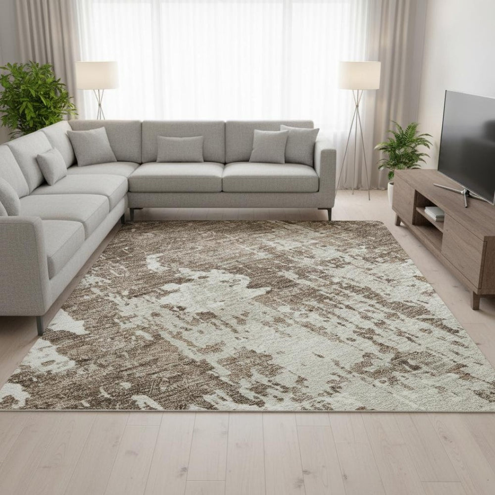HomeRoots 8' X 10' Brown And Beige Abstract Area Rug - Washable, UV-Protected, Perfect for Busy Homes! 679100