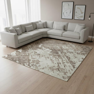HomeRoots 9' X 12' Brown and Beige Abstract Area Rug - Washable, Durable, UV Protected for Modern Living Spaces 679101