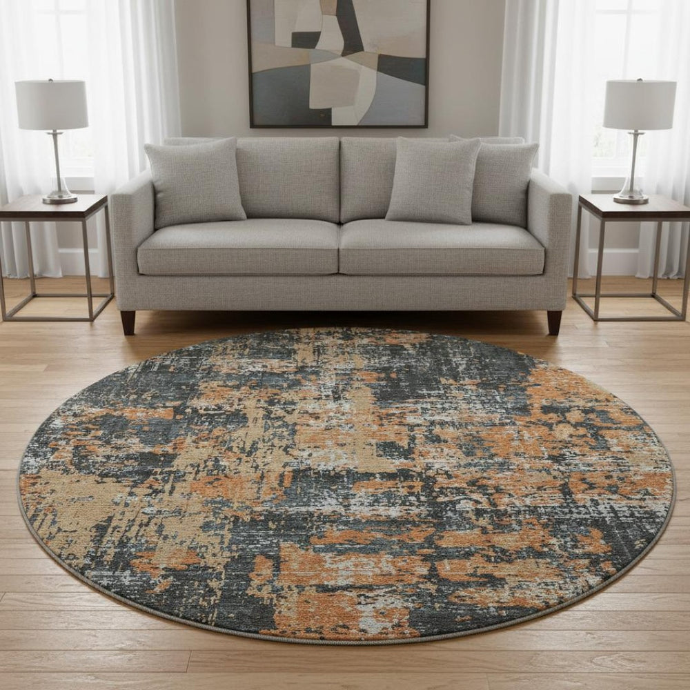 HomeRoots 8' Modern Abstract Washable Round Rug in Charcoal, Copper & Gray - Durable, Stain Resistant & UV Protected 679105