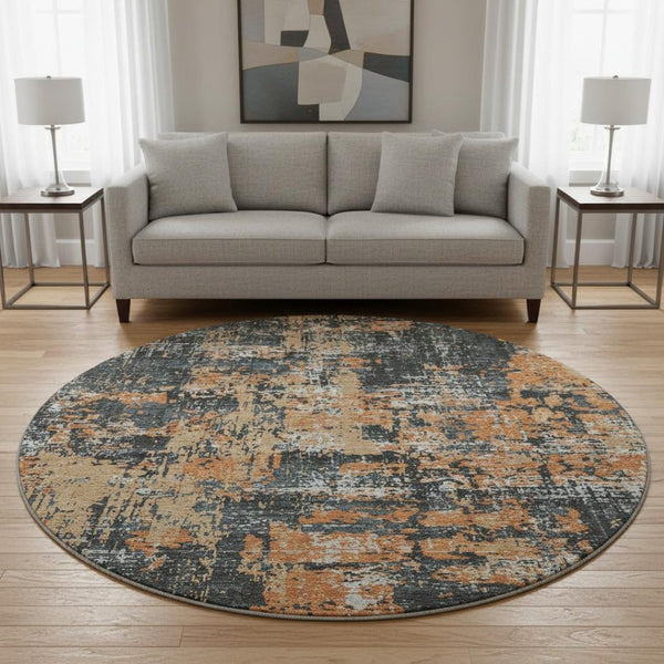 HomeRoots 8' Modern Abstract Washable Round Rug in Charcoal, Copper & Gray - Durable, Stain Resistant & UV Protected 679105