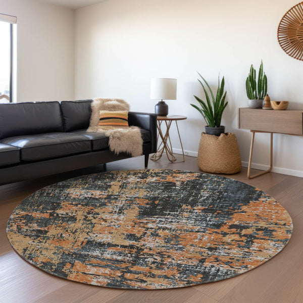 HomeRoots 8' Modern Abstract Washable Round Rug in Charcoal, Copper & Gray - Durable, Stain Resistant & UV Protected 679105