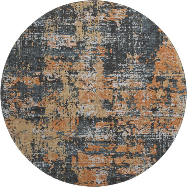 HomeRoots 8' Modern Abstract Washable Round Rug in Charcoal, Copper & Gray - Durable, Stain Resistant & UV Protected 679105