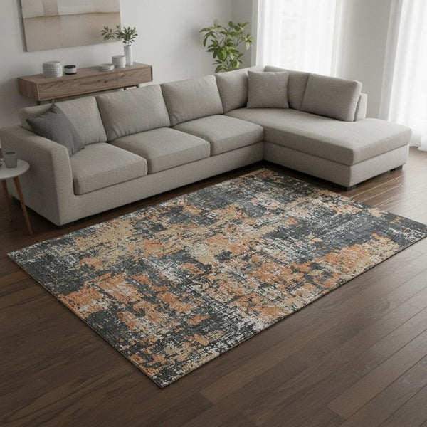 HomeRoots 8' X 10' Charcoal, Copper & Gray Abstract Area Rug - Washable, UV Protected, Stain-Resistant Elegance 679106