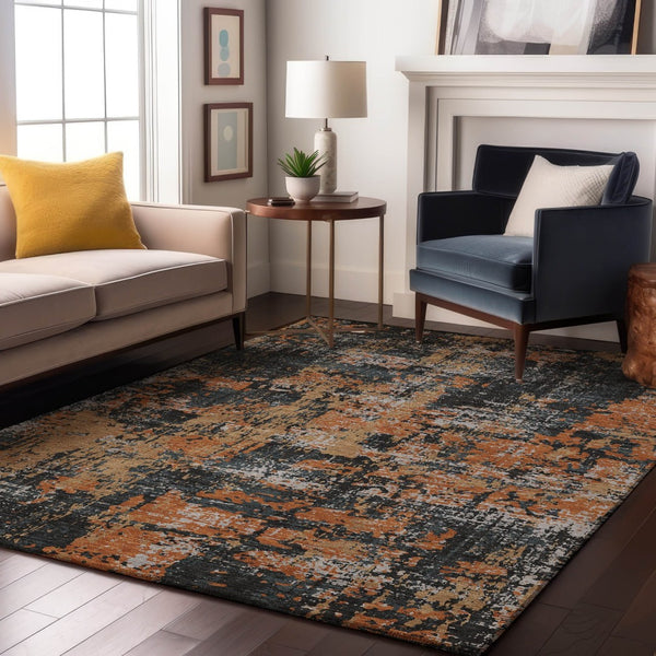 HomeRoots 8' X 10' Charcoal, Copper & Gray Abstract Area Rug - Washable, UV Protected, Stain-Resistant Elegance 679106