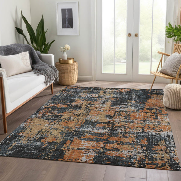 HomeRoots 8' X 10' Charcoal, Copper & Gray Abstract Area Rug - Washable, UV Protected, Stain-Resistant Elegance 679106