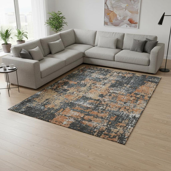 HomeRoots 10' Charcoal Copper & Gray Abstract Washable Area Rug - UV Protected, Soft & Durable for Modern Spaces 679108
