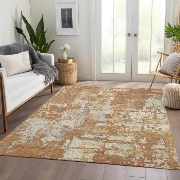 HomeRoots 5' X 8' Abstract Copper Ivory Gold Area Rug - Washable, UV Protected & Perfect for High-Traffic Spaces 679110