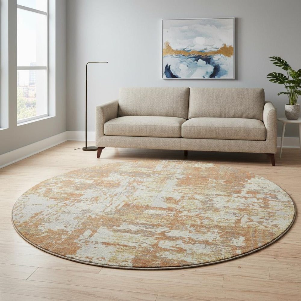 HomeRoots 8' Copper Ivory Gold Abstract Round Rug – Washable, UV-Protected, Stain-Resistant, Modern Design 679111