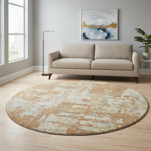 HomeRoots 8' Copper Ivory Gold Abstract Round Rug – Washable, UV-Protected, Stain-Resistant, Modern Design 679111