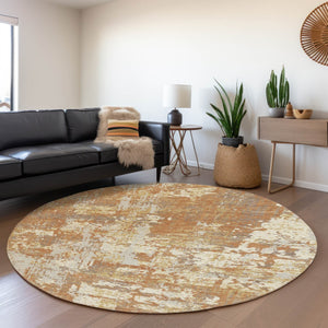 HomeRoots 8' Copper Ivory Gold Abstract Round Rug – Washable, UV-Protected, Stain-Resistant, Modern Design 679111