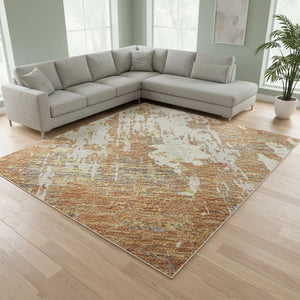 HomeRoots 10' X 14' Copper Ivory Gold Abstract Area Rug - Washable, UV Protected, Durable for High-Traffic Areas 679114