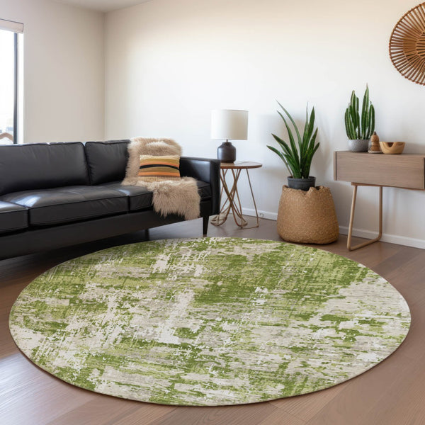 HomeRoots 8' Green And Ivory Abstract Washable Round Rug – Durable, Stylish, UV Protected for Every Room! 679117