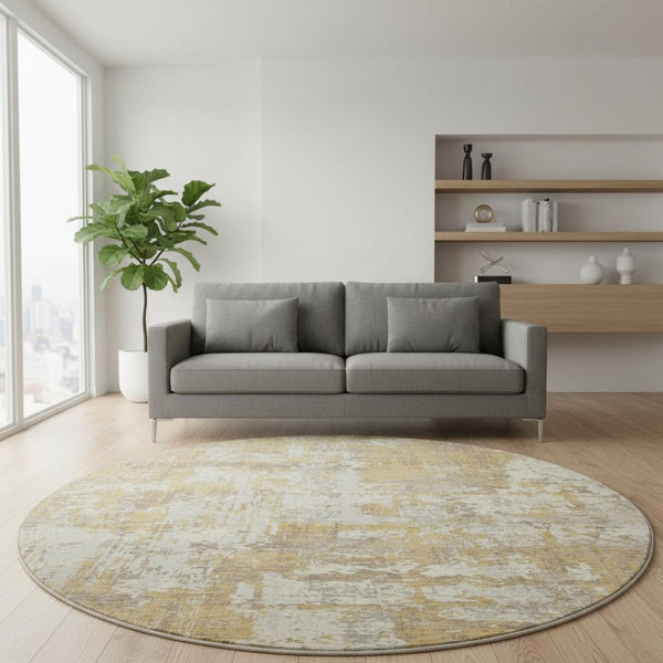 HomeRoots 8' Gold Taupe and Beige Abstract Round Rug - Washable, UV Protected, Perfect for Indoor & Outdoor Use 679123