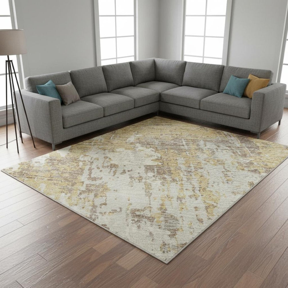 HomeRoots 8' X 10' Gold Taupe Beige Abstract Area Rug - Washable, UV Protected, Stain-Resistant & Durable Design 679124
